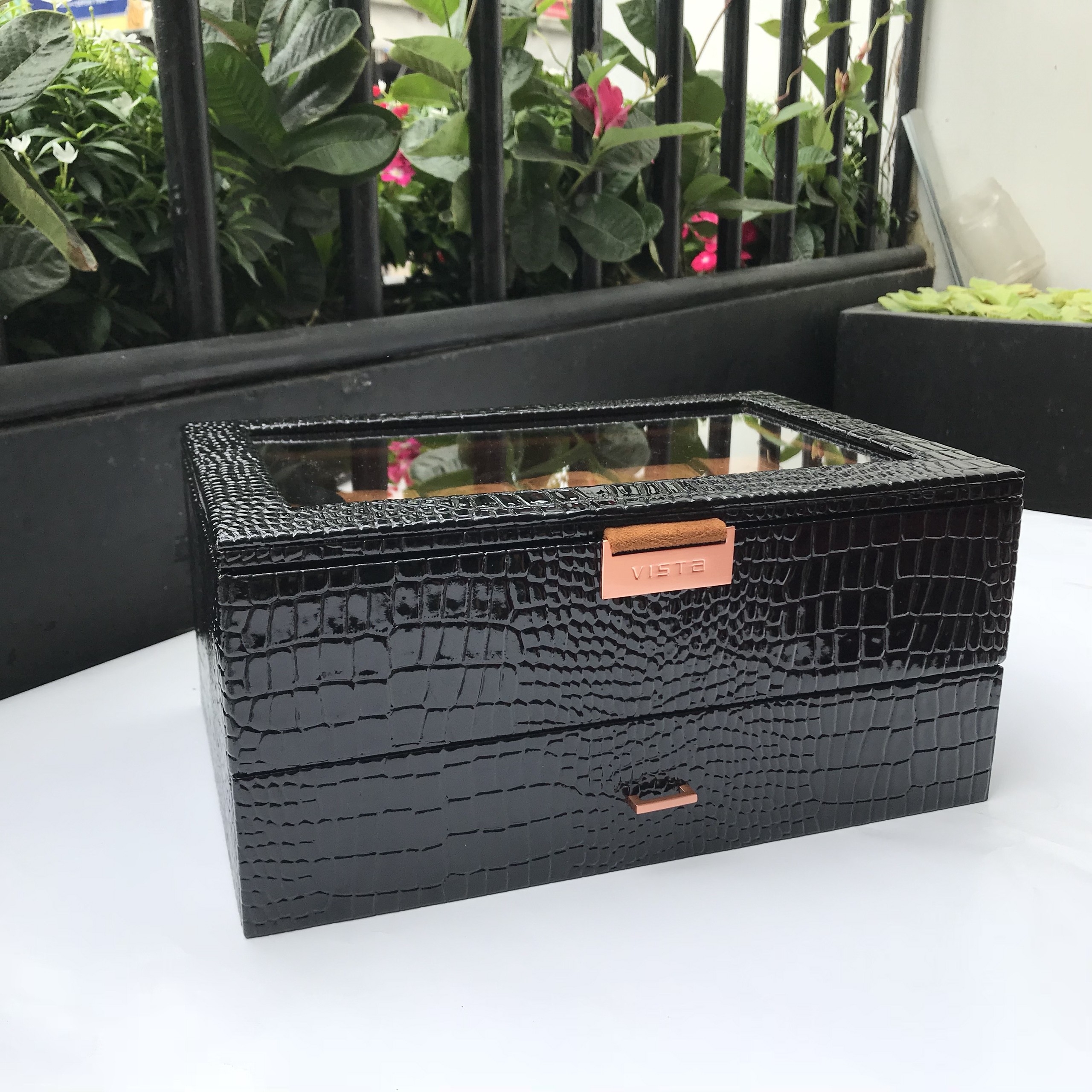 Hộp Đồng Hồ 2 Tầng Cá Sấu Đen - DHD2