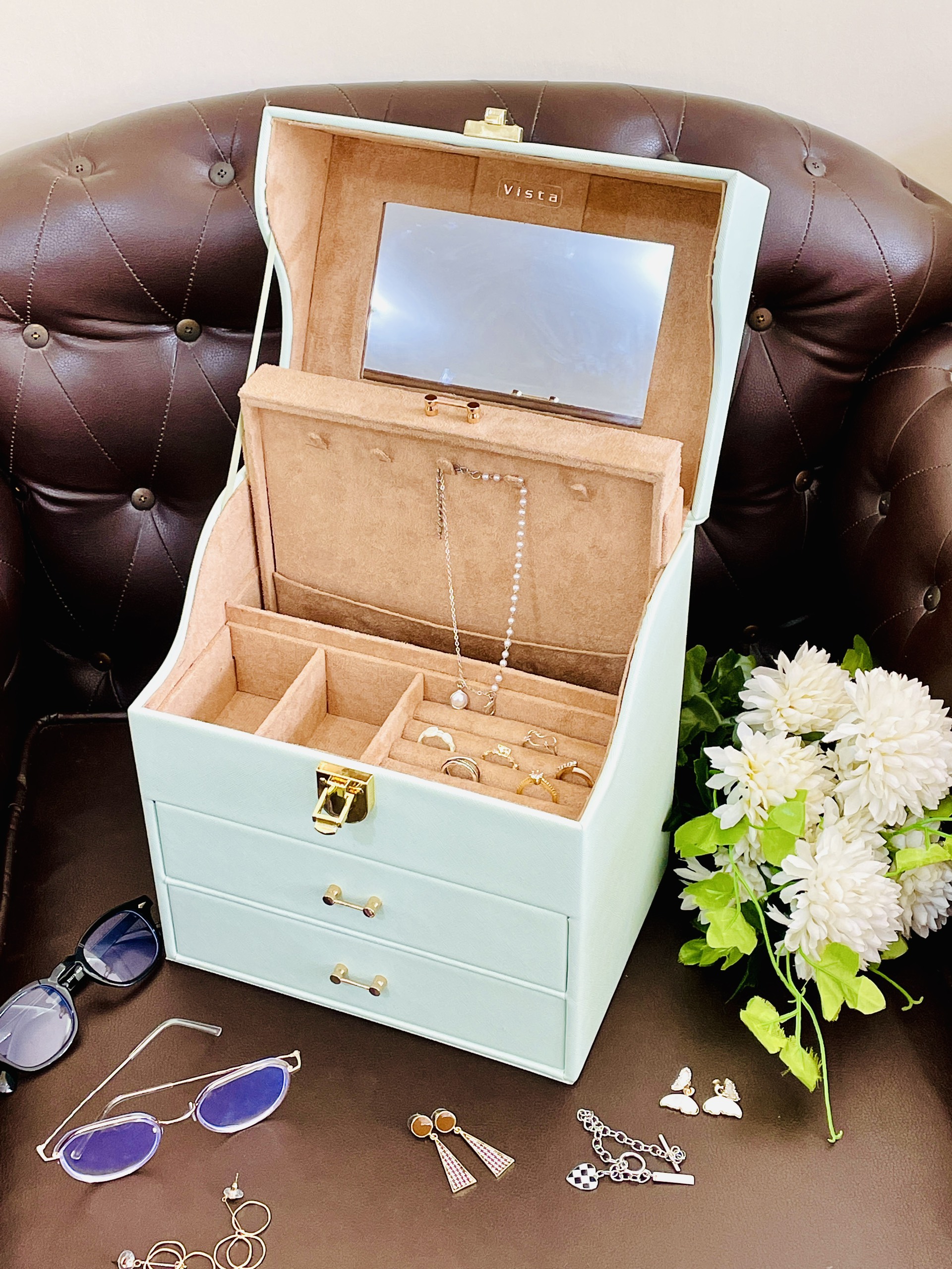 Hộp Trang Sức 3 Tầng Treo Dây Chuyền Xanh Lá