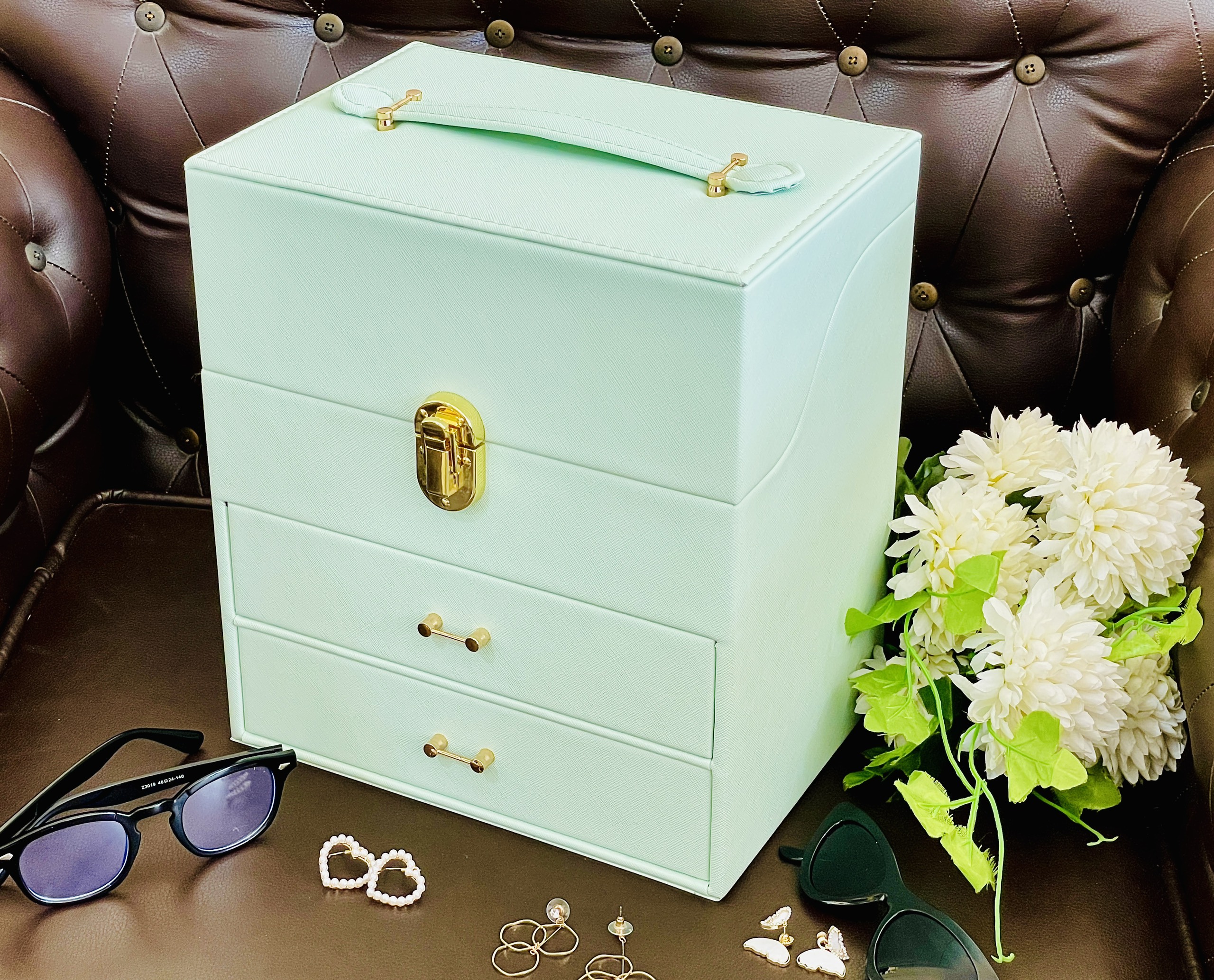 Hộp Trang Sức 3 Tầng Treo Dây Chuyền Xanh Lá